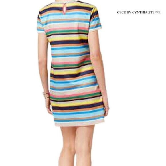 CeCe by Cynthia Steffe Women's Casual Crew Neck Short Sleeve Stripe‎ Shift - Picture 2 of 8